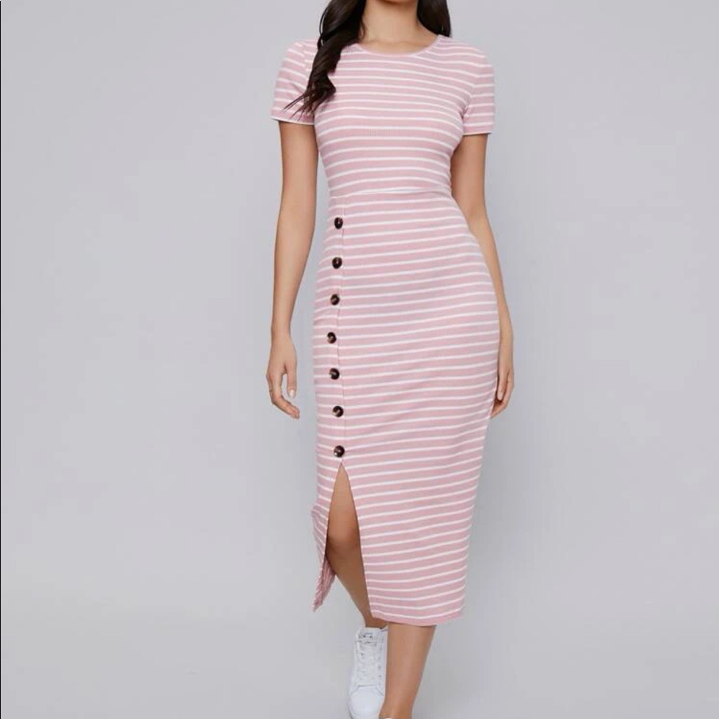 Buttoned Front Split Hem Striped Dress